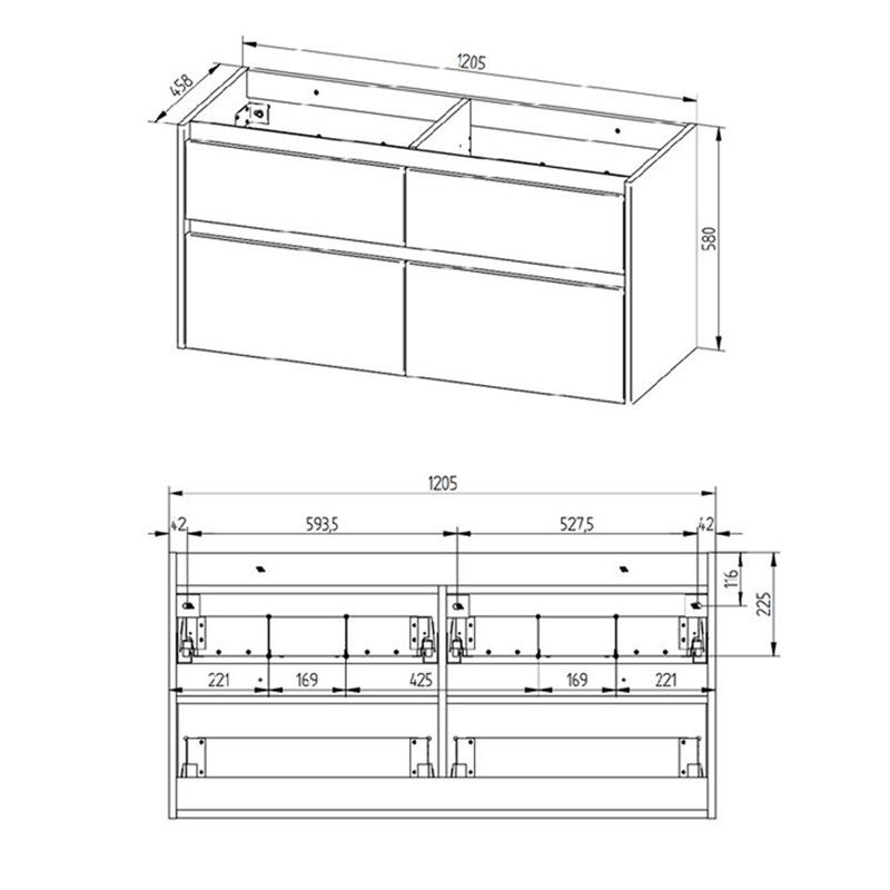 Opto, koupelnová skříňka, 1210 mm, keramické umyvadlo, bílá, dub, bílá/dub, černá, 4 zásuvky